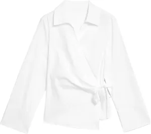 Womens White V Neck Tie Front Wrap Shirt Dressy Casual Long Sleeve Top Office Work Business Blouse