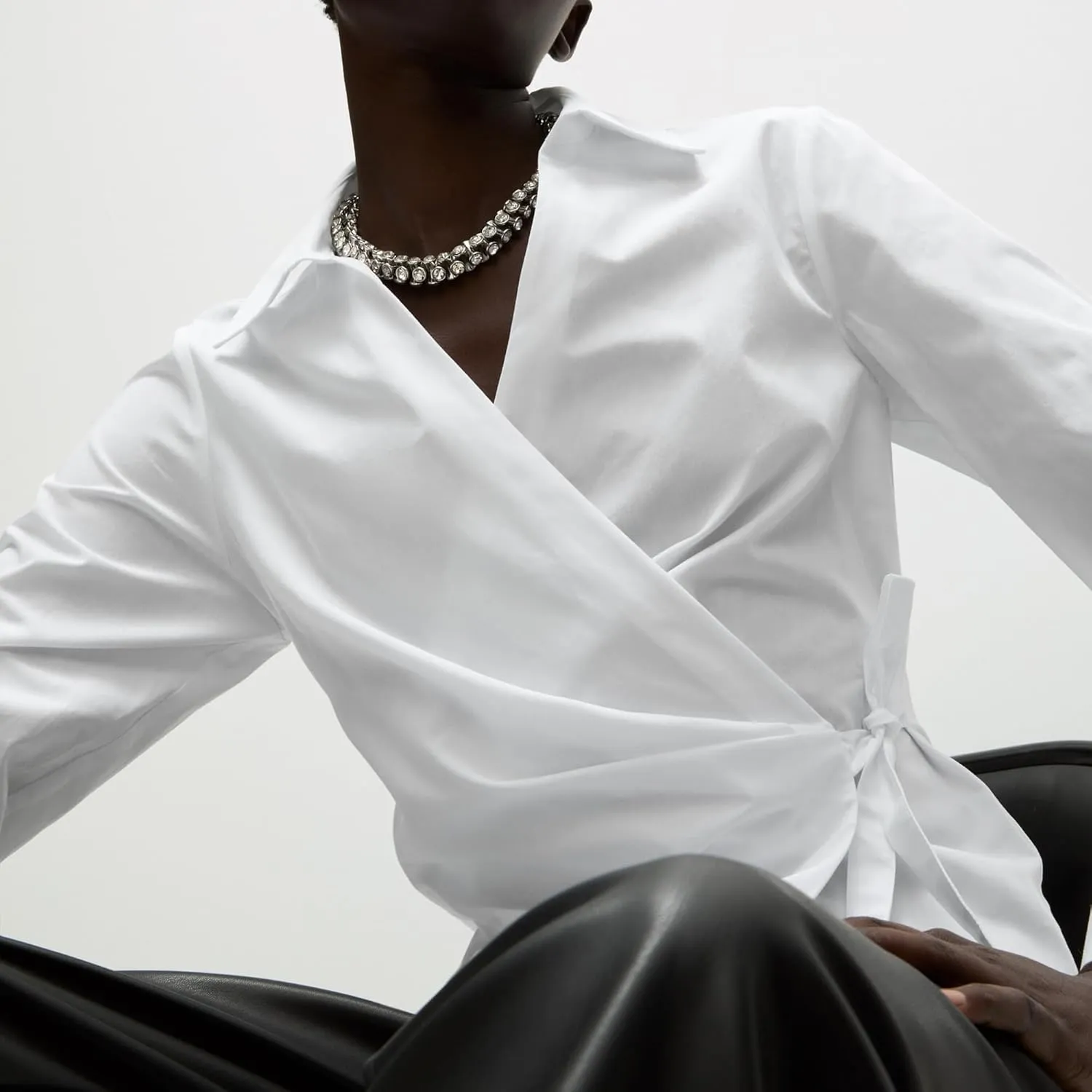 Womens White V Neck Tie Front Wrap Shirt Dressy Casual Long Sleeve Top Office Work Business Blouse