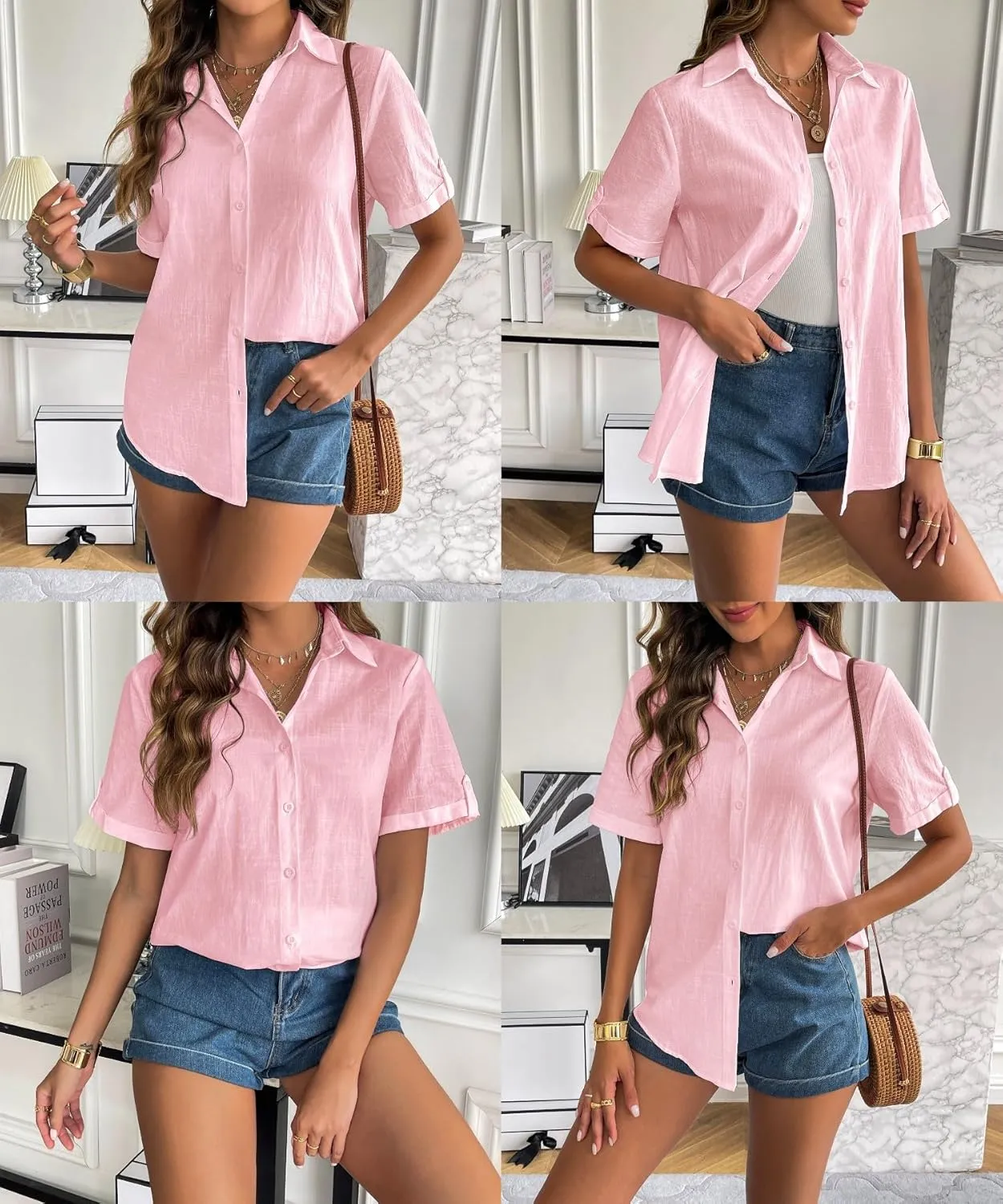 Zeagoo Women Linen Button Down Shirt Rolled Cuffed Short Sleeve Blouse Ladies Summer Casual V Neck Beach Cotton Tops