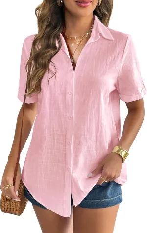 Zeagoo Women Linen Button Down Shirt Rolled Cuffed Short Sleeve Blouse Ladies Summer Casual V Neck Beach Cotton Tops