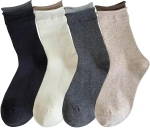 zrylibya Women Cute Roll Top Turn Cuff Slouch Ankle Socks Solid Color Block Casual Crew Socks 4 Pairs