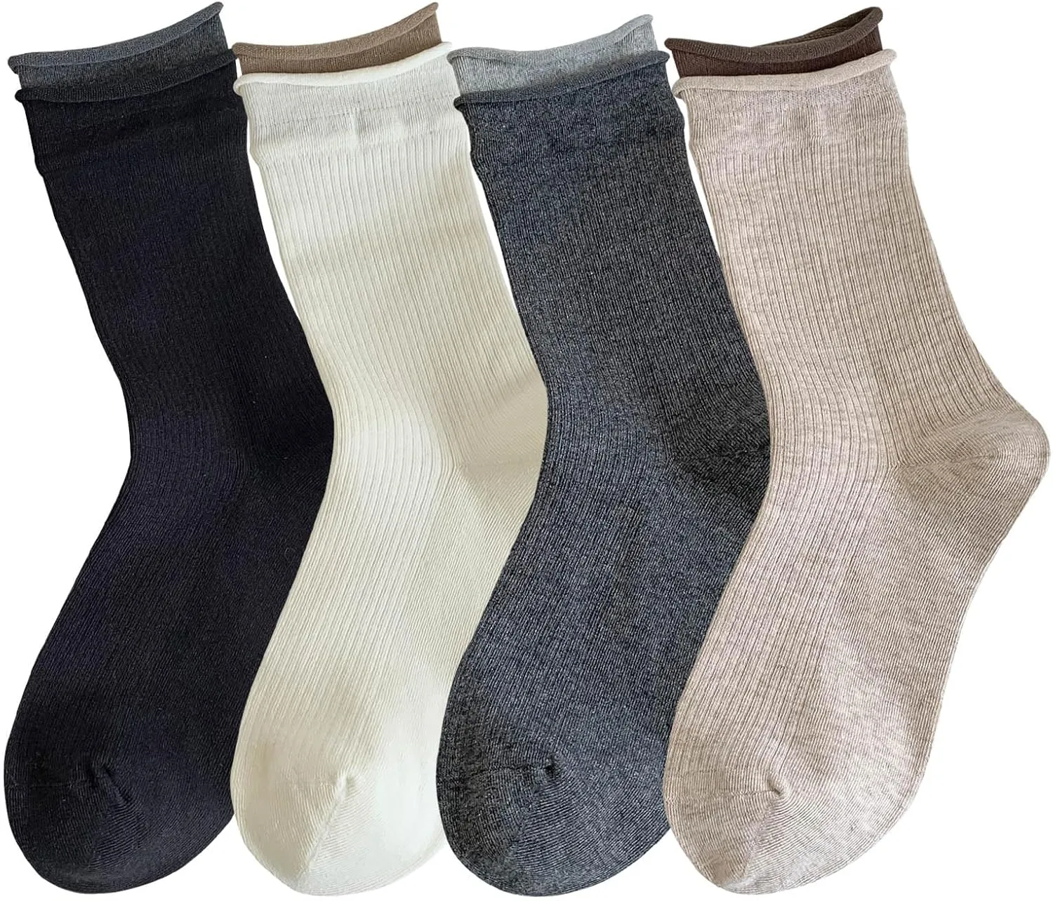 zrylibya Women Cute Roll Top Turn Cuff Slouch Ankle Socks Solid Color Block Casual Crew Socks 4 Pairs